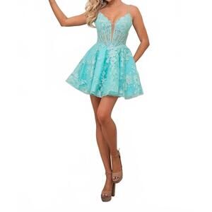 NEW RACHEL ALLAN deep v-neck a-line dress in aqua